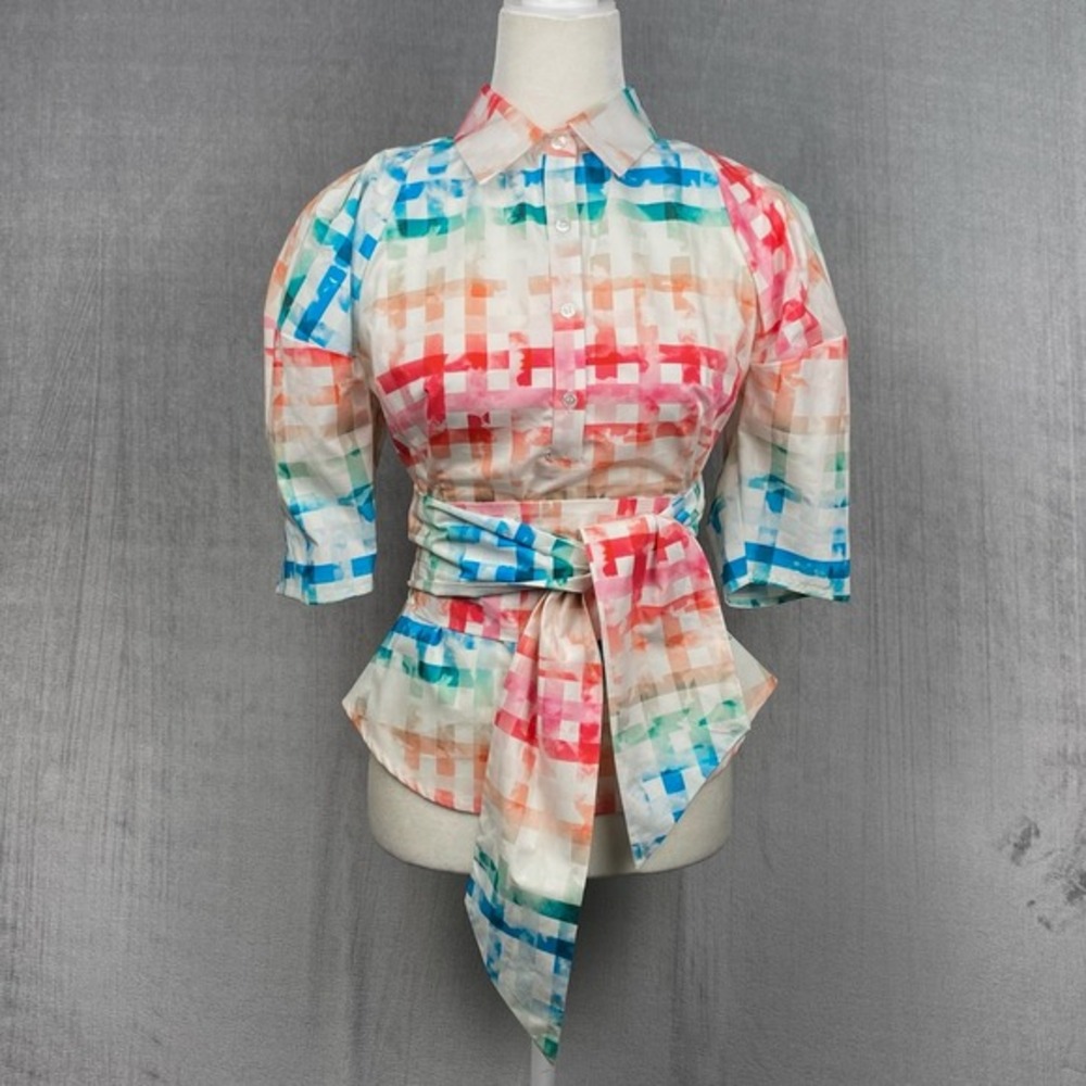 Chloe Kristyn Blouse Womens XS Button Up 1/2 Sleeve Lattice Print Made in USA